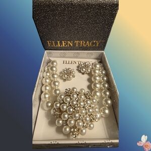 Ellen Tracy Pearl Statement Necklace & Earrings Rhinestone Gold Tone 288